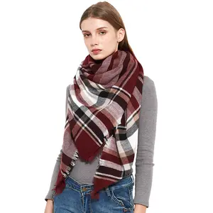 Hot European and American autumn and winter bib 48 pieces of fine yarn women's shawl wine red large plaid square scarf