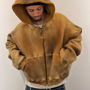 <span class=keywords><strong>Felpa</strong></span> con cappuccio da <span class=keywords><strong>uomo</strong></span> personalizzata in cotone pesante, oversize, termica, con <span class=keywords><strong>zip</strong></span>, in maglia waffle, effetto vintage distressed e lavaggio acido - Product Image 1
