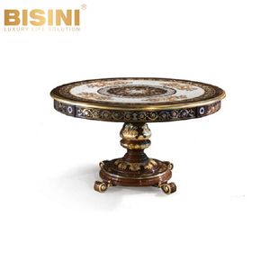 Mesa de Comedor Redonda Estilo <span class=keywords><strong>Castillo</strong></span> Italiano Clásico con Parqué de Concha de Perla Floral Hecho a Mano y Chapa de Madera Sólida - Product Image 1