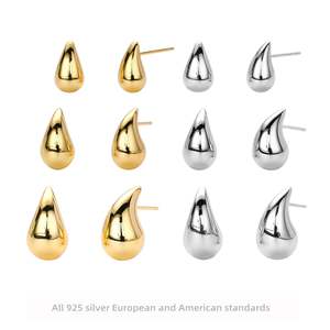 925 Sterling <b>Silver</b> Trendy Plate Gold Color Chunky Waterdrop Dupes <b>Stud</b> <b>Earrings</b> for Women Personality Glossy <b>Earring</b> Jewelry - Product Image 2