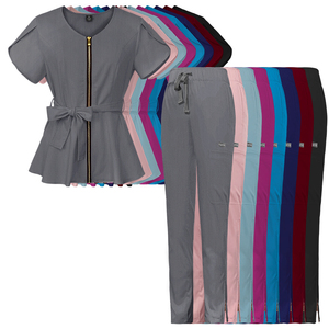 2024 alta calidad negro al por mayor médico uniforme médico enfermería Scrubs manga corta cremallera Pantalones rectos con cinturón - Product Image 6