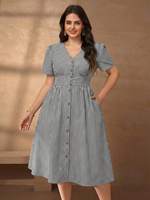 Robe midi rayée grande taille, robe trapèze boutonnée à manches courtes et col en V avec poches, tenue décontractée et de bureau