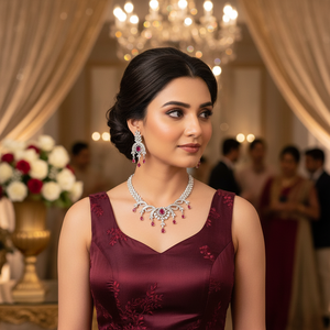 American Diamonds Premium Quality Silver Plated Jewelry <b>Necklace</b> Set Elegant Designer <b>Statement</b> Fine Jewelry for Wedding Wear - Product Image 3