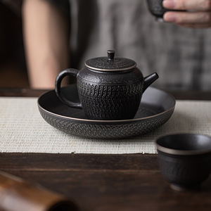 Chinese Retro Handmade Ceramic <b>Tea</b> Tray With Lid Flat Shape Silver Black For Kung Fu <b>Tea</b> <b>Set</b> Home Use - Product Image 4