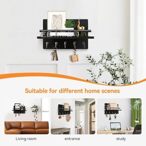 Wall <b>Shelf</b> With <b>Hooks</b> Key Rack Storage Holder Rectangle Wall Mounted Multipurpose Entryway Living Room Organizer - Product Image 5
