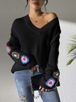 Pull en tricot pour l'automne et l'hiver, tricoté à la main, manches évasées, crochet, fleurs, pulls amples, col en V, tricot pour femmes