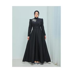 Abito da sera Hijab dettagliato in pietra satinata 7977