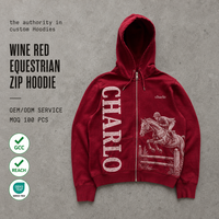 Sweat à capuche unisexe épais en mélange de tissus, zippé, motif équestre, rouge bordeaux, streetwear, personnalisable OEM ODM, vente en gros