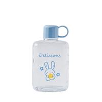Nieuwe type draagbare transparante platte vierkante glazen fles met cartoonprint, met deksel voor sap, thee en water