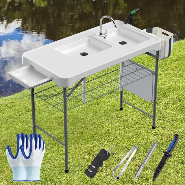 Portable Fold Up Outdoor Camp Kitchen Table Dual Sink Food Prep Station With Tap Faucet for Backyard Camping Outdoor BBQ Washing