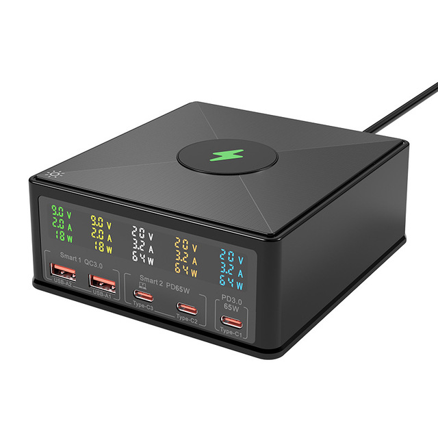 USB Charger 160W Multiple Ports Fast Charging Station Hub with 2 Quick Charge 3.0 & 3 Type C PD3.0 Wireless Charger LCD Display