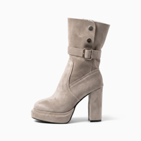Bottes mi-mollet pour femmes en faux daim à plateforme et talon épais, avec boucle et fermeture éclair, rehaussantes, personnalisables avec logo, faible MOQ – Fabrication OEM/ODM