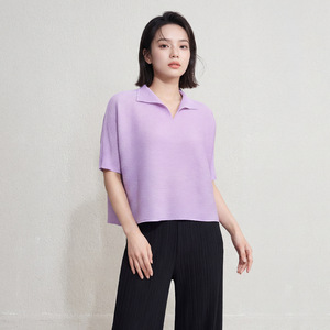 PY 2026 Top Plisado Casual Miyake Lavanda Cuello Redondo Ajuste Regular Manga Corta Transpirable Verano Ropa al por Mayor - Product Image 1