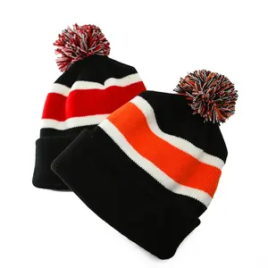 OEM Pom Pom Striped Hat High Quality Unisex Winter Sports Cap Warm Ski Knit Hat Acrylic Jacquard Lined Cuff Beanie Toque Bonnet