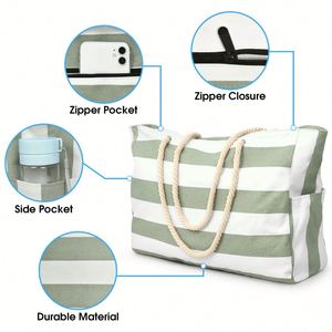 High Quality <b>Large</b> <b>Canvas</b> Shoulder Beach Tote Bag With Cotton Rope Handle <b>Plain</b> Striped Zipper Closure Custom Logo - Product Image 4