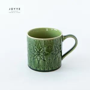 JOYYE定制北欧圣诞风格咖啡杯陶瓷压花绿色咖啡杯家居/咖啡店/餐厅