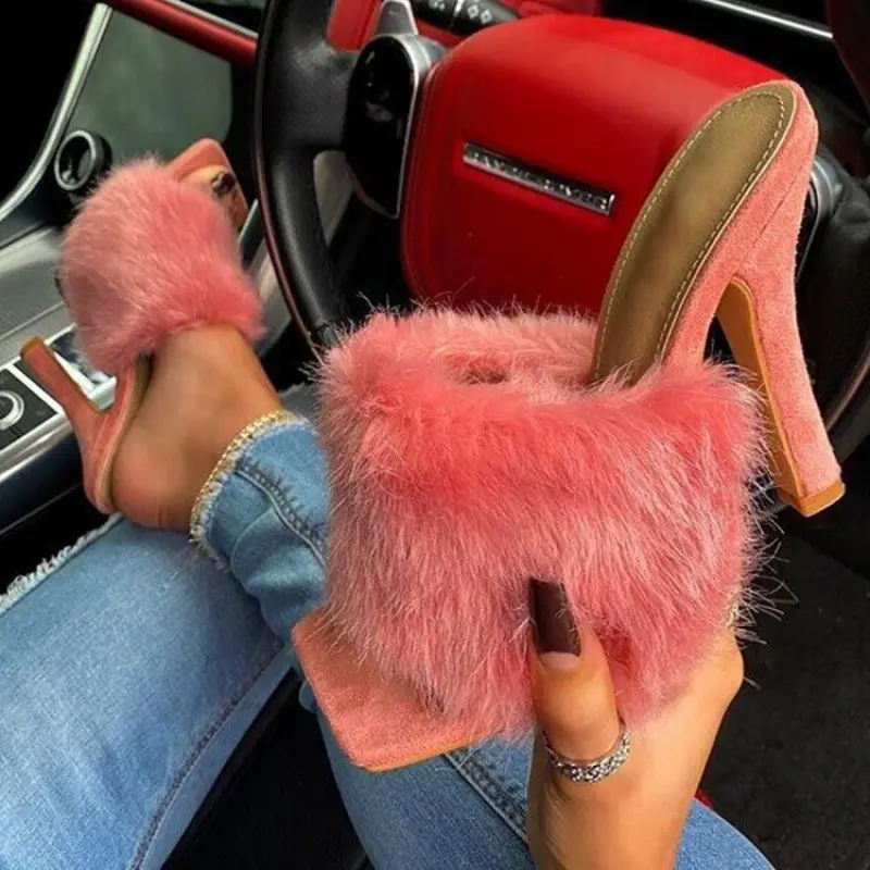 In stock luxury fuzzy plush ladies heel sandals 2021 thin high heel platform women's fur furry fashion leather sandals for girls