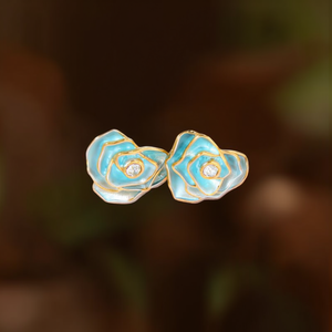 Fashion <b>Stud</b> <b>Earrings</b> 316L Stainless Steel PVD Gold Plating <b>Blue</b> Flower Design With Crystal Center - Product Image 3