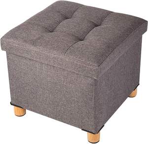 Taburete de lino gris oscuro 2024, reposapiés otomano de almacenamiento plegable y cubo de asiento con pies y <span class=keywords><strong>tapa</strong></span> de madera, 15*15*14,7 pulgadas - Product Image 1