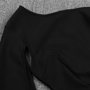 MF ชุดเดรสยาวคลุมเข่าเปิดไหล่ข้างหนึ่งของผู้หญิงชุดเดรสยาวคลุมเข่าสีดำแฟชั่นมีสไตล์ใหม่ที่สง่างาม - Product Image 4