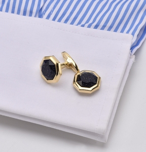 Boutons de manchette hexagonaux personnalisés en pierre d'or bleue, motif étoile galaxie argentée, en pierres semi-précieuses, pour hommes, formels, marque privée, OEM, ODM - Product Image 1