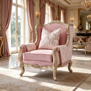 Fauteuil néoclassique de style mid-century, structure en bois sculpté de luxe, canapé en tissu rose avec accoudoirs pour salon et usage hôtelier - Product Image 1
