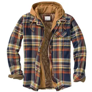 도매 남성 클래식 겨울 긴 소매 버튼 코트 따뜻한 두꺼운 안감 퀼트 패딩 격자 무늬 후드 플란넬 셔츠 자켓