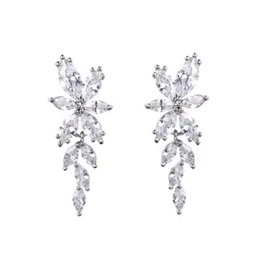 Marquise Leaf Shape Cubic Zirconia CZ Crystal Chandelier Earrings for Women Wedding Bride or Bridesmaid Jewelry