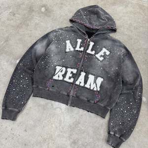 Đường Phố Mặc Thạch Thêu Mềm Cotton Axit Rửa Zip Lên Cắt Áo Người Đàn Ông Của Cá Nhân Thiết Kế Áo Hip Hop - Product Image 5