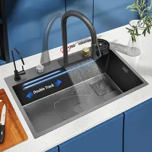 Nuovissimo lavello nero resistente ai graffi lavello da cucina vegetale sopra il rubinetto a cascata con rondella di vetro