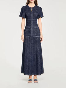 Robe longue en tweed à col clé, manches courtes, coupe évasée, couleur unie, tissée, respirante, toutes saisons, décontractée et élégante - Product Image 1
