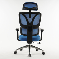 Chaise de bureau ergonomique en maille bleue avec dossier réglable, accoudoirs 4D, appui-tête et porte-vêtements, pieds en alliage d'aluminium