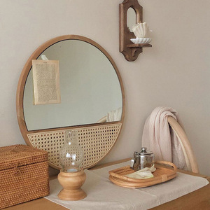 Espejo de Baño Redondo con Marco de Madera Natural y Revestimiento de Ratán, Decorativo, de Pared, Estilo Moderno Wabi Sabi <span class=keywords><strong>para</strong></span> el Hogar - Product Image 2