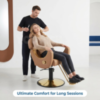 Fauteuil de barbier hydraulique en cuir PVC marron inclinable, réglable en hauteur avec base dorée pour salon de coiffure