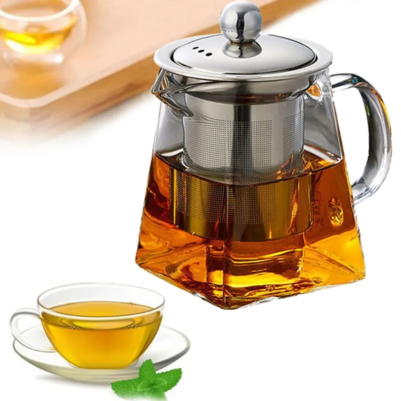 Tetera de vidrio de borosilicato resistente al calor, con tapa de acero inoxidable y bambú, con Infusor de té