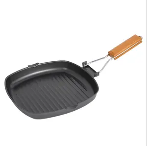 Bán Sỉ Ngoài Trời BBQ Pan Dã Ngoại Gấp Di Động Frying Pan Gang Baking Pan Anti-Scalding Tay Cầm Bằng Gỗ Cho Cắm Trại