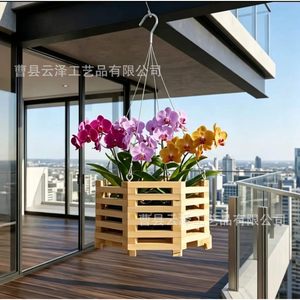 Wooden octagonal flower <b>basket</b> storage rack <b>for</b> balcony and courtyard green <b>plant</b> hanging <b>basket</b>, solid wood flower pot, - Product Image 2