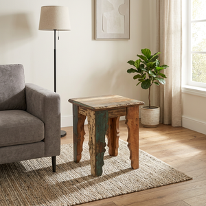 <b>Vintage</b> Recycled Wooden Square <b>Stool</b> Hand Carved Corner Table Lamp Stand Telephone Stand For Bedroom Living Room Hotel Room - Product Image 3