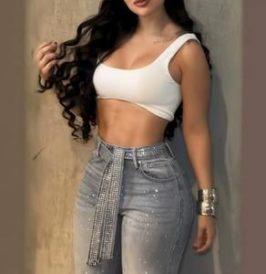 Nouveaux jeans pour femmes de style européen et américain avec design en strass, jeans décontractés avec ceinture, pantalon droit taille haute en stock - Product Image 2