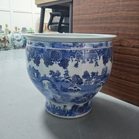 Mangkuk Ikan Besar Porselen Biru Putih Chinoiserie, Pot Keramik Lukisan Tangan Pemandangan Paviliun, Baskom Dekoratif