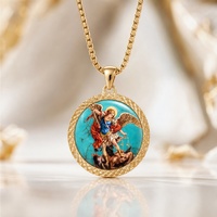 Collier pendentif religieux en Calaïte avec image de l'archange Michel peinte à la main, image de saint catholique, charme sacré personnalisé
