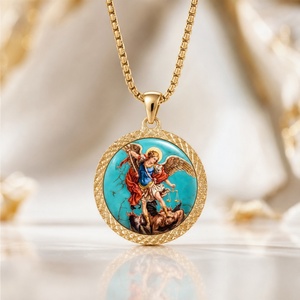 Collar con Colgante de <span class=keywords><strong>San</strong></span> Miguel Arcángel Pintado a Mano en Calaite, Artículo Religioso, Imagen de Santo Católico, Amuleto Sagrado Personalizado - Product Image 1
