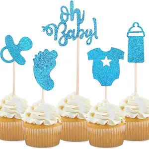 Glitter Baby Shower Cupcake Toppers 10pcs/bag Oh Baby Cupcake Toppers For Baby Shower Party Birthday Decoration Supplies Blue