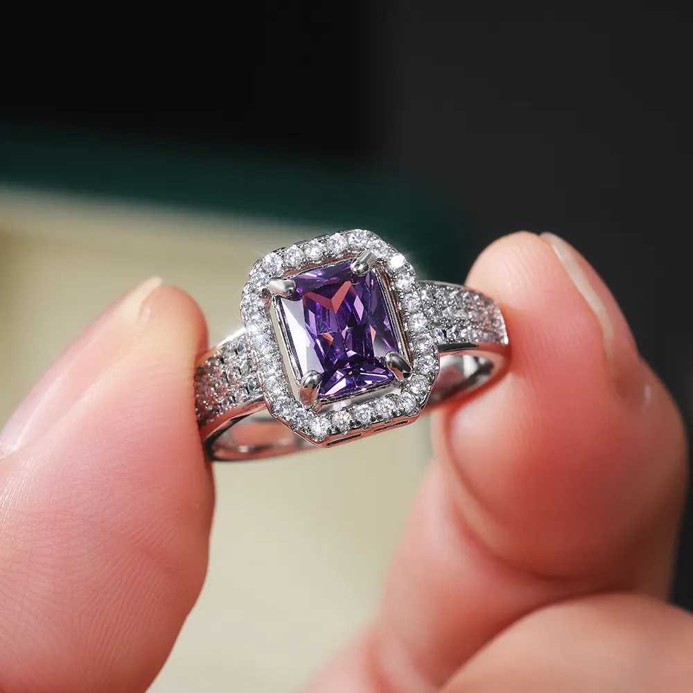 ล่าสุดโนเบิลเครื่องประดับสดใสคริสตัลใสพระราชสีม่วงแหวนขั้นสูงผู้หญิงสาวเงินบริสุทธิ์แหวนที่กำหนดเอง