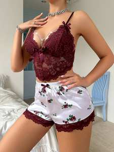 Nouveau Ensemble <span class=keywords><strong>Lingerie</strong></span> Nuit Sexy Grande Vente – Débardeur Doux et Respirant en Dentelle à Col V Profond et Short 2 Pièces Pyjama Femme - Product Image 4