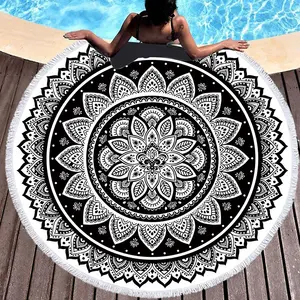 Promotional Portable Pool Blanket Sand Free Oversized Black Mandala Round Beach Towel with Fringes