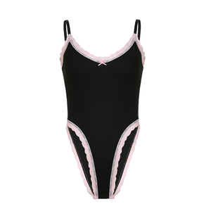 Mono de punto con encaje y cuello en V sin mangas para mujer, ajuste ceñido, informal, versátil, de verano, de una pieza - Product Image 6