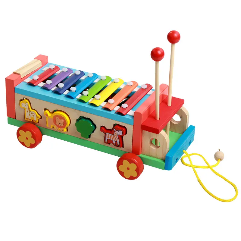 Mainan Piano ketukan tangan kartun, mainan kayu mobil Bus gambang musik untuk anak-anak