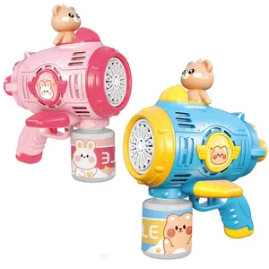 QS Cheap Price Outdoor Party Toy 10 Hole Cartoon Bear Space 2 Colors Electric Light Blowing Water Bubble Gun Blower Toys For Kid