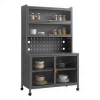 Meuble de rangement de cuisine en métal avec panneau perforé, étagères réglables, porte vitrée et meuble à roulettes